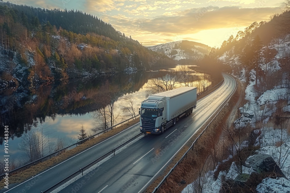 Semi truck driving on a winding road through a snowy landscape at sunset Semi truck driving on a winding road through a snowy landscape at sunset