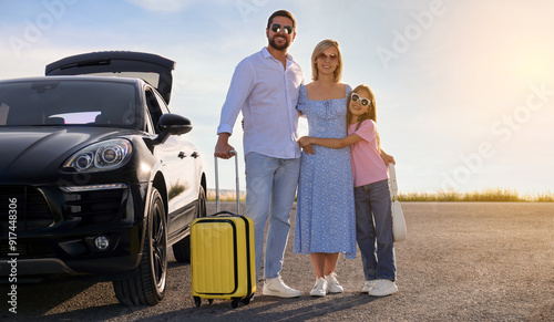 Happy family near car on road trip. Banner design with space for text