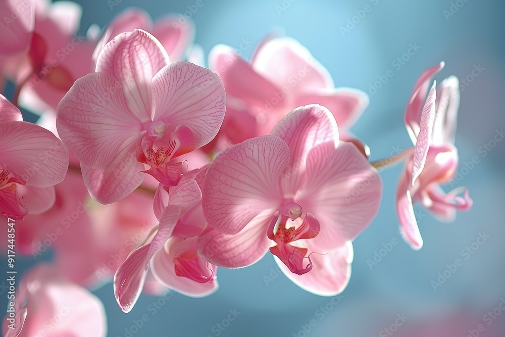 Obraz premium Pink Orchid Flowers Close-Up Against a Blue Background