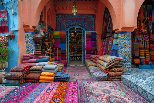 A lively market scene featuring a shop filled with an assortment of colorful rugs, attracting shoppers and passersby.
