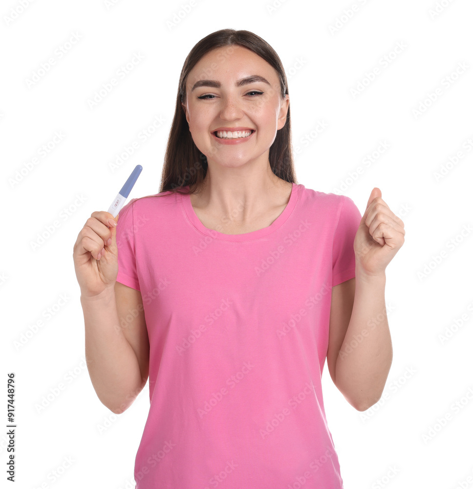 Happy woman holding pregnancy test on white background Happy woman holding pregnancy test on white background
