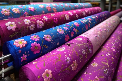 Rolls of Floral Fabric with Pink, Blue, and Purple Patterns photo