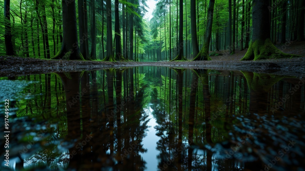 Obraz premium Soothing forest pond with calm reflection, quiet atmosphere, copy space, deep depth of field, covers all objects.