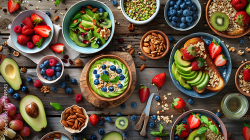 healthy food table top view featuring avocado toast, fresh fruits like strawberries and blueberries, bowls of yogurt with granola and nuts, directly above view, all arranged on a rustic wooden table.