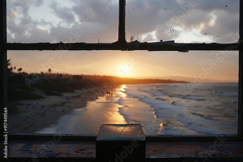 Sunset View Through a Window with a Box in Foreground