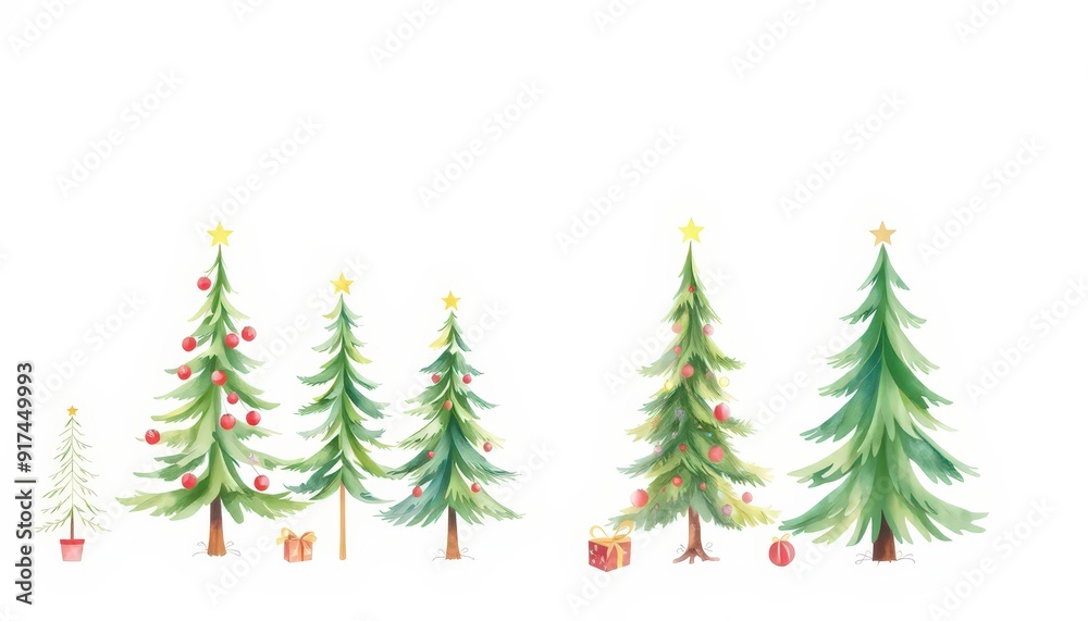 Obraz premium Watercolor Christmas Trees with Ornaments and Gifts.