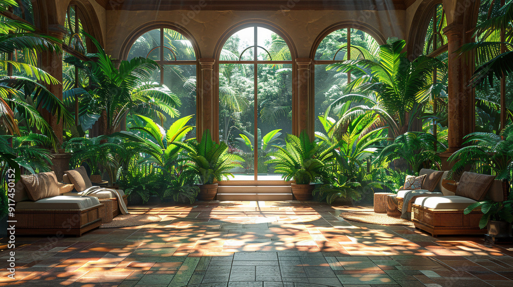 Fototapeta premium Sunny Oasis: Lush Tropical Haven with Cozy Seating