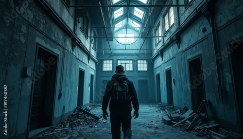 Man Walking Through Abandoned Building.