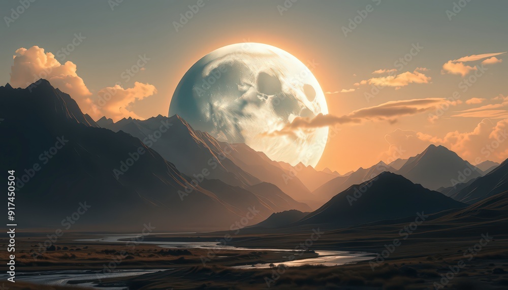 Surreal Sunset with a Skull Moon over Mountains.