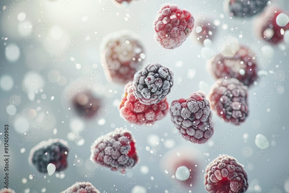 mixed berries frozen mid - air, capturing the motion and freshness of the fruit against a blurred background mixed berries frozen mid - air, capturing the motion and freshness of the fruit against a blurred background