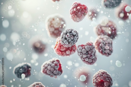 mixed berries frozen mid - air, capturing the motion and freshness of the fruit against a blurred background photo