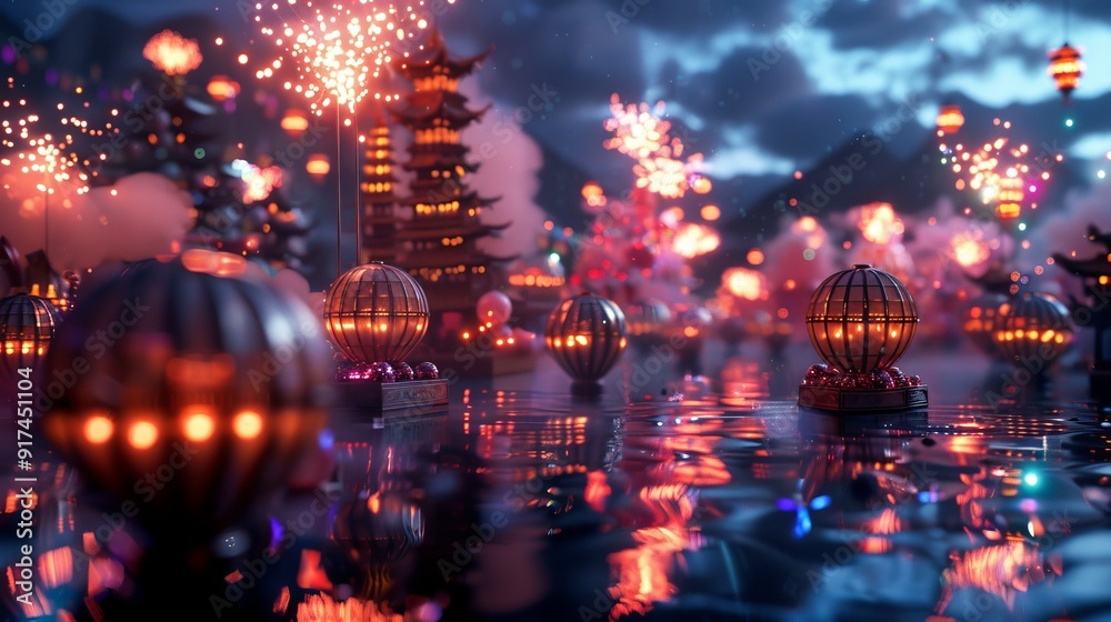 Festive nighttime parade featuring floats and pyrotechnics, with copy space, covering all objects and deep depth of field. Festive nighttime parade featuring floats and pyrotechnics, with copy space, covering all objects and deep depth of field.