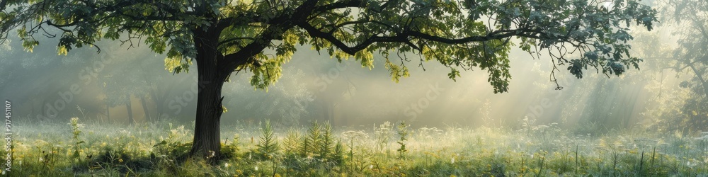 Fototapeta premium Black Locust Tree in Sunlit Foggy Forest Clearing