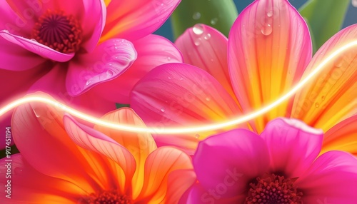 Abstract Neon Light on Pink Flowers.