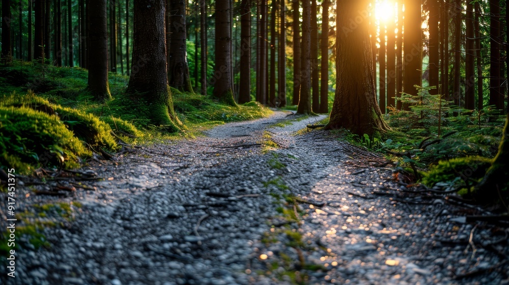 Fototapeta premium Tranquil forest path with soft sunlight, serene atmosphere, deep focus, ample copy space.