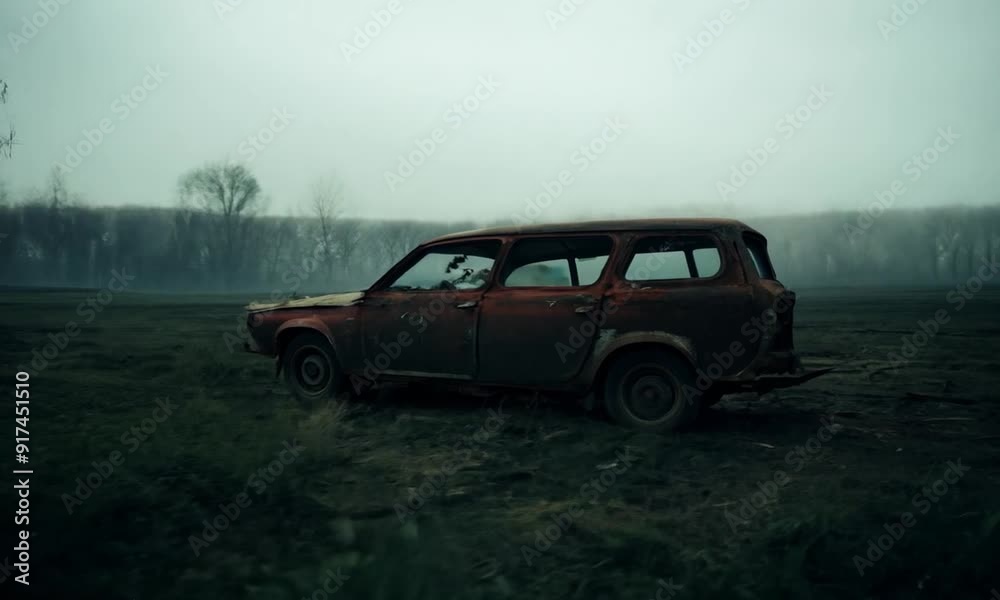 Rusty Car in a Foggy Field Rusty Car in a Foggy Field