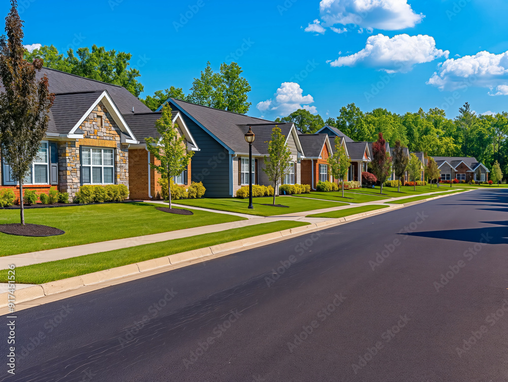 A row of houses with a street in between. The houses are all different sizes and styles. The street is lined with trees and has a sidewalk. The houses are all well-maintained and have nice landscaping