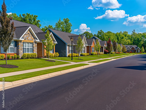 A row of houses with a street in between. The houses are all different sizes and styles. The street is lined with trees and has a sidewalk. The houses are all well-maintained and have nice landscaping