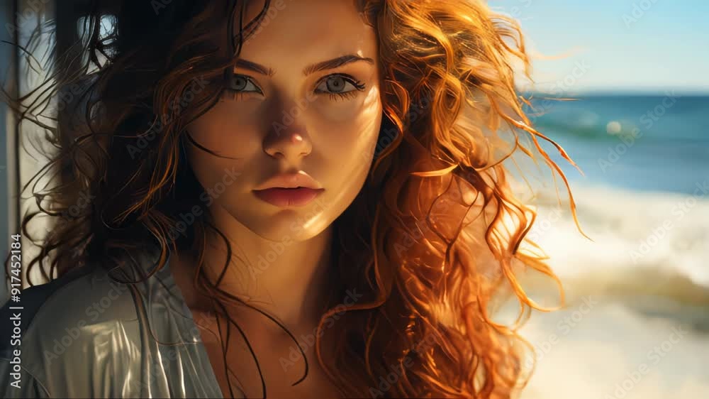 Beautiful face with freckles of a cute red-haired young woman in the sun's rays Beautiful face with freckles of a cute red-haired young woman in the sun's rays