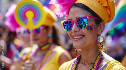 Colorful parade showcasing equal rights emblems with copy space and deep focus.