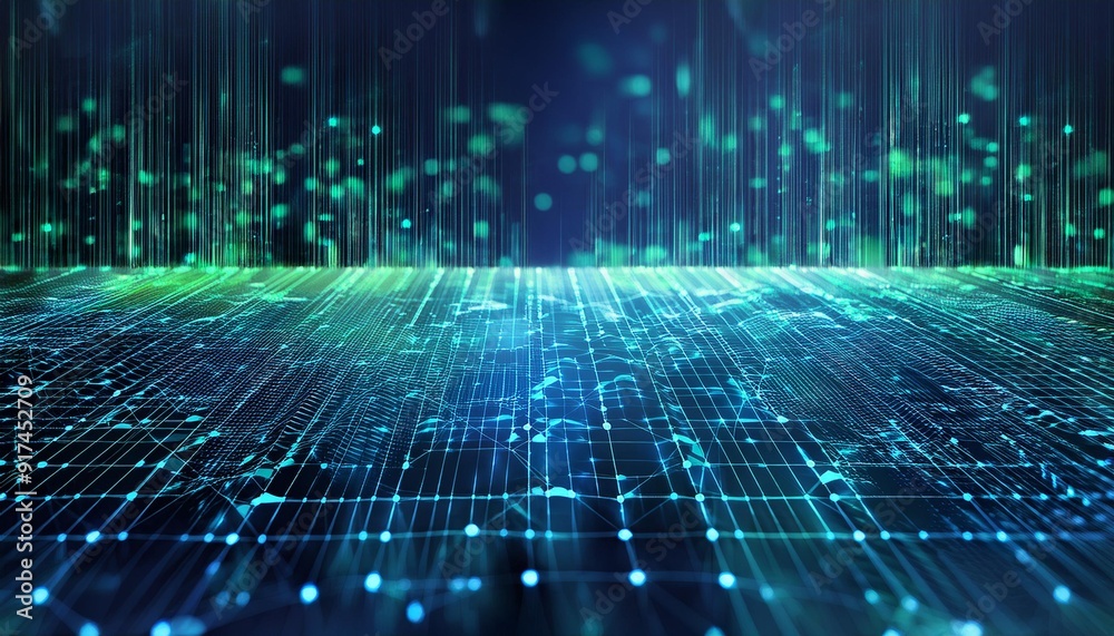 A futuristic digital matrix with glowing lines and nodes in shades of blue and green, suggesting a high-tech network, ideal for presentations on innovation and technology. A futuristic digital matrix with glowing lines and nodes in shades of blue and green, suggesting a high-tech network, ideal for presentations on innovation and technology.