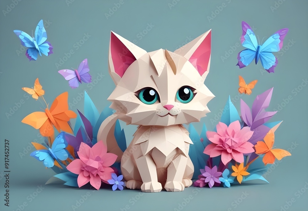 Funny little kitten with flowers and butterflies cute small fluffy magical kitten Funny little kitten with flowers and butterflies cute small fluffy magical kitten