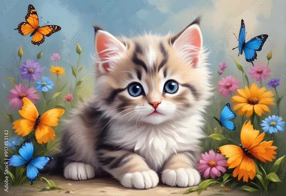 Funny little kitten with flowers and butterflies cute small fluffy magical kitten Funny little kitten with flowers and butterflies cute small fluffy magical kitten