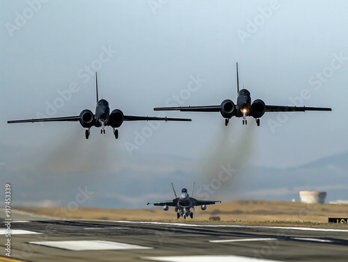 Two fighter jets are taking off from the runway. The first jet is in the air and the second jet is on the runway photo