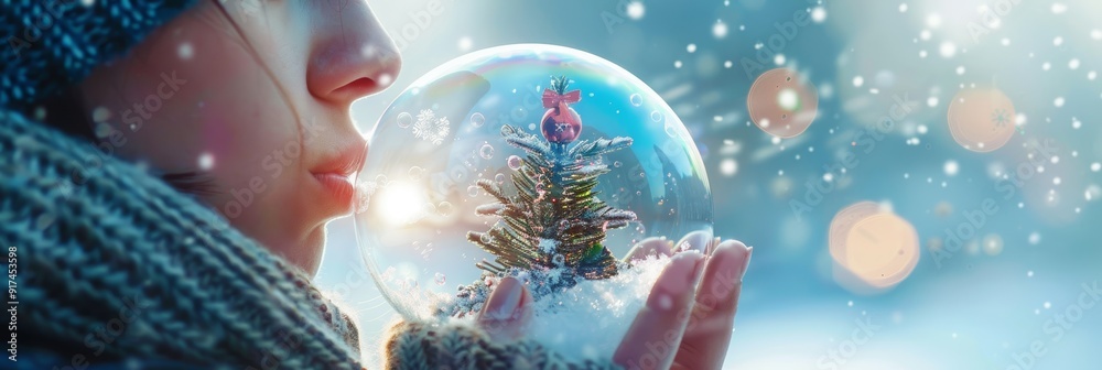 a lovely young woman is blowing a soap bubble with Christmas tree and stars. Season greetings concept a lovely young woman is blowing a soap bubble with Christmas tree and stars. Season greetings concept