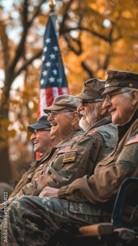 Heartwarming Veterans Day portrait of a group of veterans from various branches of the military, each in their service dress, sharing smiles and stories on a park bench.