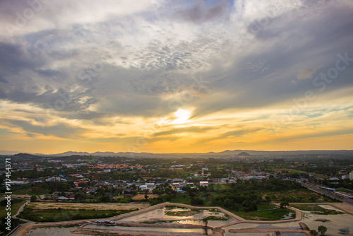 Pattaya city high angle skyline view at sunset.