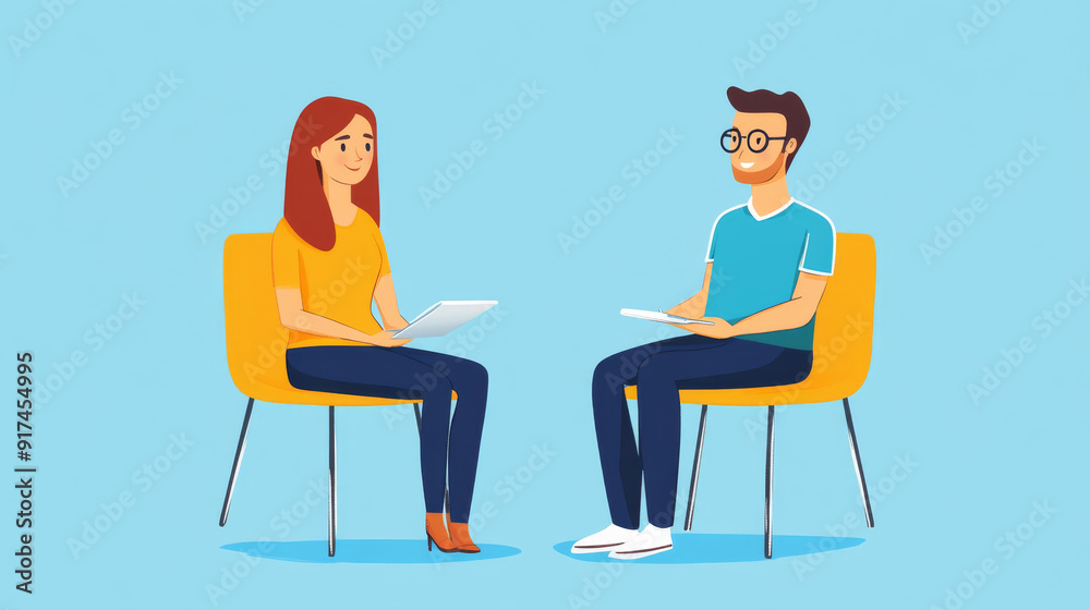 A man and a woman are sitting in chairs and talking to each other A man and a woman are sitting in chairs and talking to each other