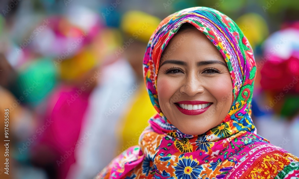 Woman in a colorful headscarf, smiling brightly, vibrant Labor Day parade behind, Labor Day parade portrait, cultural celebration