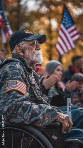 Powerful image of a wheelchair-bound veteran watching a Veterans Day parade, his face reflecting pride and nostalgia, set against a background of spectators clapping and waving flags.