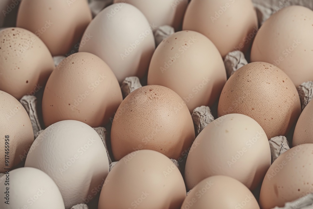 Close-up image of chicken eggs neatly arranged in a carton. The eggs are brown and white.. Beautiful simple AI generated image in 4K, unique. Close-up image of chicken eggs neatly arranged in a carton. The eggs are brown and white.. Beautiful simple AI generated image in 4K, unique.