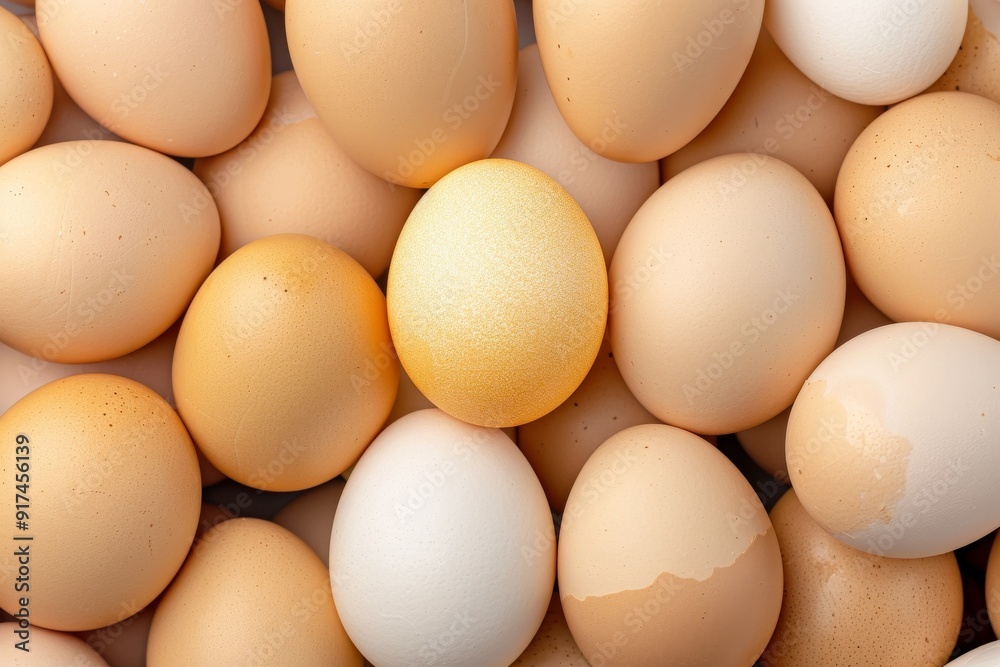 Hand placing many white eggs and one brown egg on platform - close up. Lots of fresh chicken raw eggs. Beautiful simple AI generated image in 4K, unique. Hand placing many white eggs and one brown egg on platform - close up. Lots of fresh chicken raw eggs. Beautiful simple AI generated image in 4K, unique.
