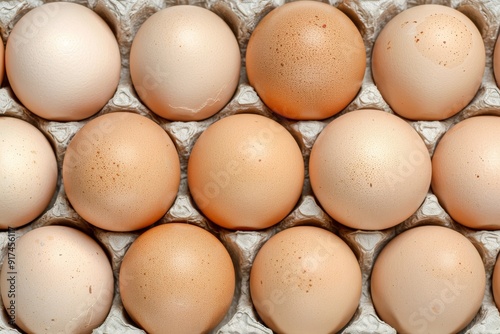 Hand placing many white eggs and one brown egg on platform - close up. Lots of fresh chicken raw eggs. Beautiful simple AI generated image in 4K, unique. photo