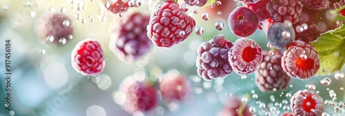 mixed berries frozen mid - air, capturing the motion and freshness of the fruit against a blurred background photo