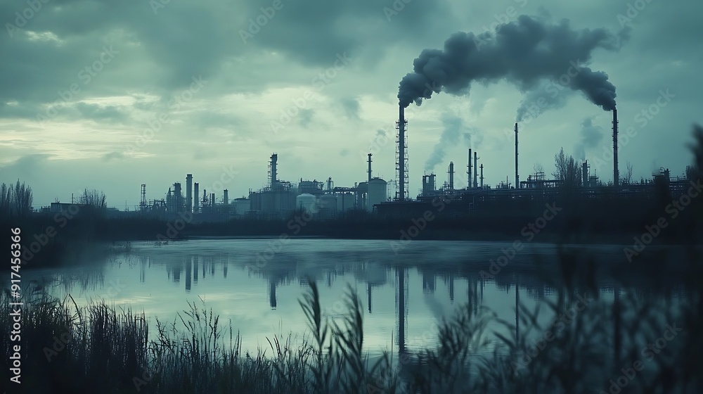 Obraz premium factory, pollution, ecology, dump, toxic, environment, environmental, waste, industrial, industry, water, nature, plant, contamination, chemical, garbage, dirty, oil, vector, illustration, liquid, dan