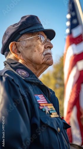 Respectful Veterans Day gathering where older veterans wearing their medals and berets, raise the American flag at a community center, symbolizing their enduring dedication, against a clear blue sky.