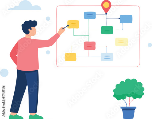 Individual engaged in reviewing a flowchart while standing beside a potted plant in a bright environment.