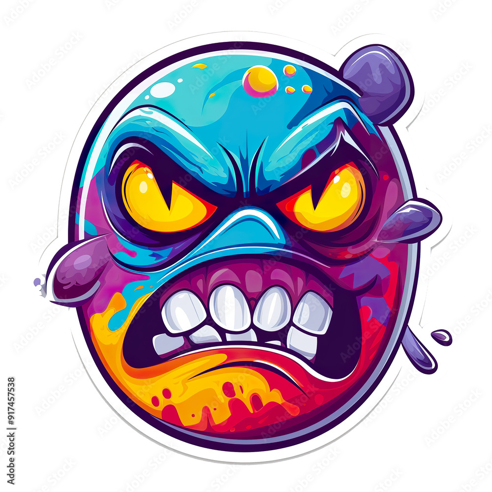 A cartoonish face with a mouth open and teeth bared, with a yellow eye A cartoonish face with a mouth open and teeth bared, with a yellow eye
