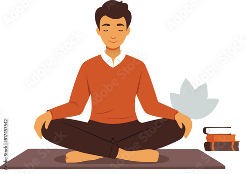 Obraz na płótnie A young man sits cross-legged, meditating peacefully on a mat with books and a lotus flower nearby. w salonie