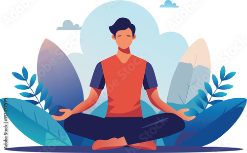 A person sits cross-legged in a meditative pose amidst lush greenery and gentle mountain shapes.