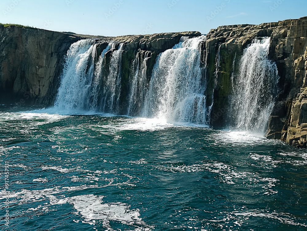 A waterfall is flowing into the ocean. The water is clear and calm. The sky is blue and there are no clouds A waterfall is flowing into the ocean. The water is clear and calm. The sky is blue and there are no clouds