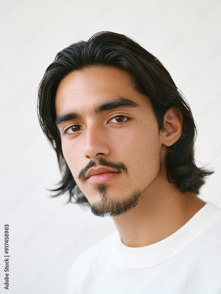 Closeup portrait of a Hispanic man with neatly styled, shoulder-length hair and a light beard, white background, barbershop styler Closeup portrait of a Hispanic man with neatly styled, shoulder-length hair and a light beard, white background, barbershop styler