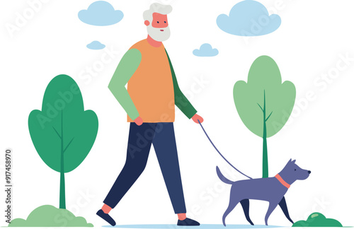An elderly man leisurely walks his dog through a park surrounded by trees and clear skies.