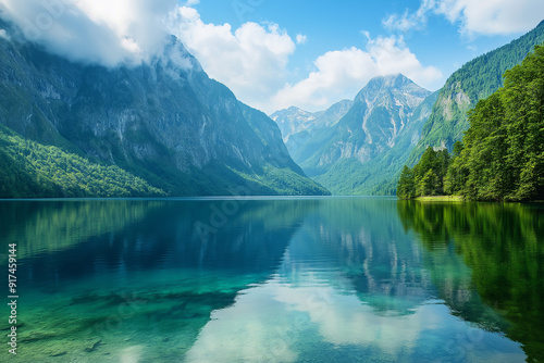 A pristine mountain lake surrounded by towering peaks and lush forests, reflecting a clear blue sky, symbolizing tranquility and natural beauty.