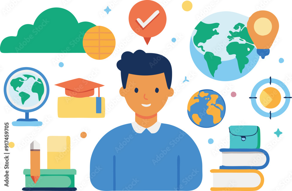 A cheerful student stands amid various educational icons representing knowledge and global awareness. A cheerful student stands amid various educational icons representing knowledge and global awareness.