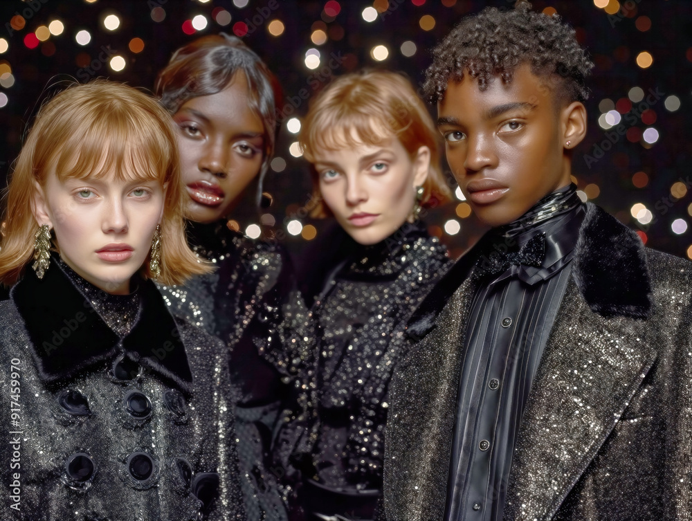 A group of people wearing black and gold clothing pose for a photo. Scene is elegant and sophisticated